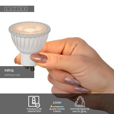 Lucide MR16 - Ampoule led - Ø 5 cm - LED Dim. - GU10 - 1x5W 2200K/2700K - Blanc